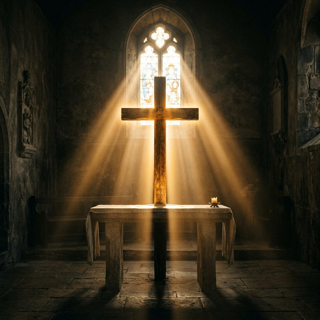 Wooden cross on altar illuminated by sunlight through stained glass window in church