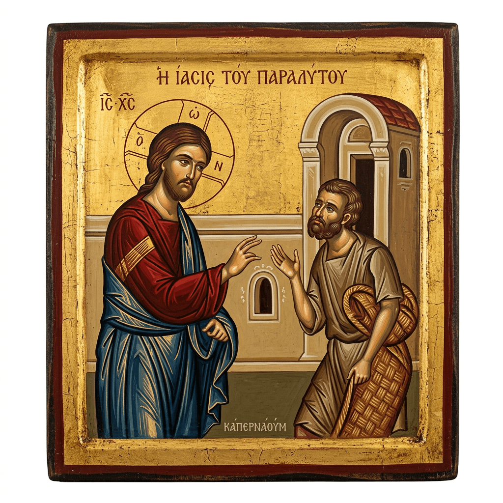Byzantine style icon showing Jesus Christ healing a paralytic man with a basket beside him